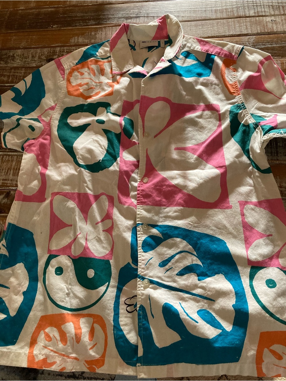 ASOS Short-Sleeve Button-Up Shirt in White with Pink, Teal & Orange Prints
